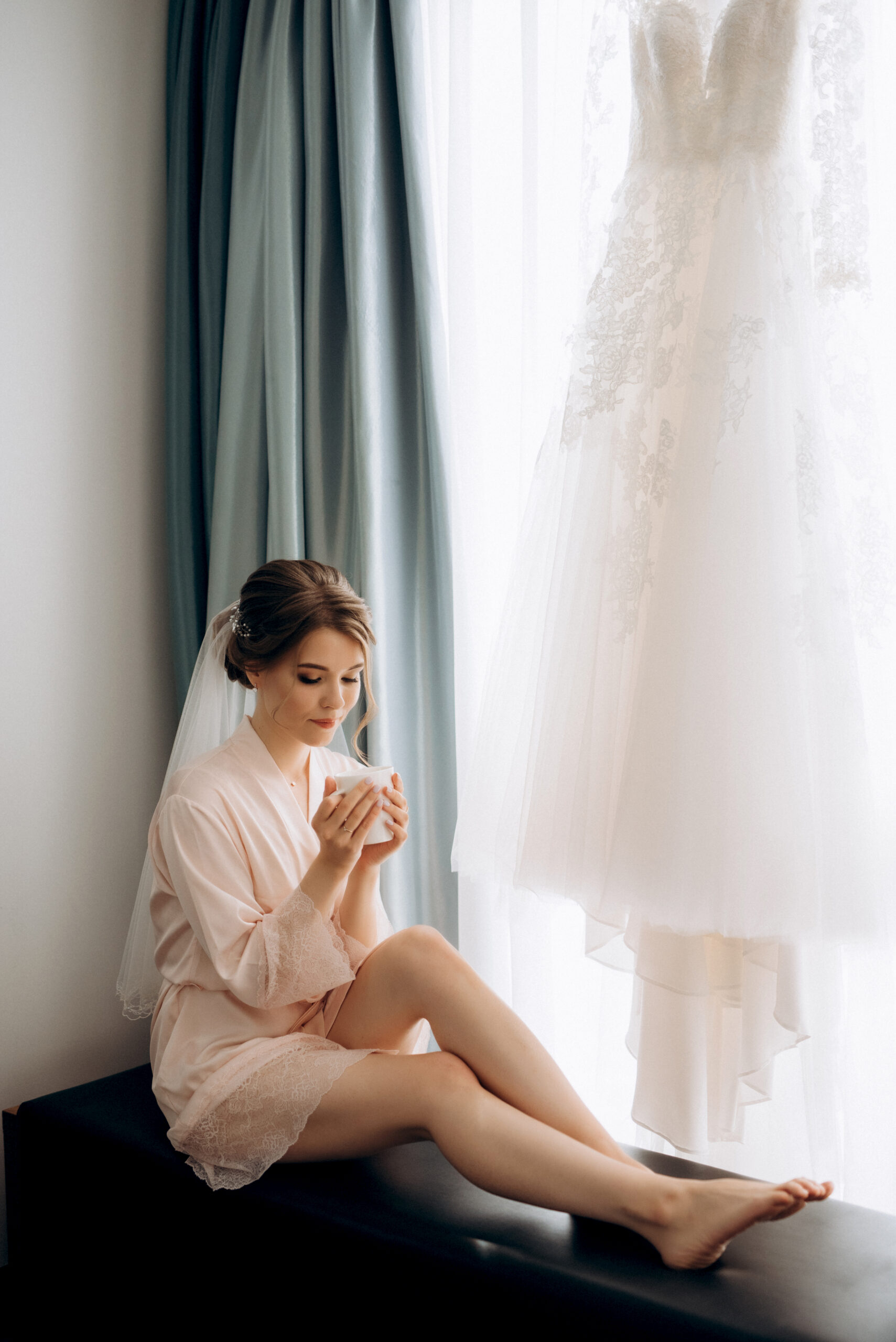 bride in a white dress at the training camp inside the hotel